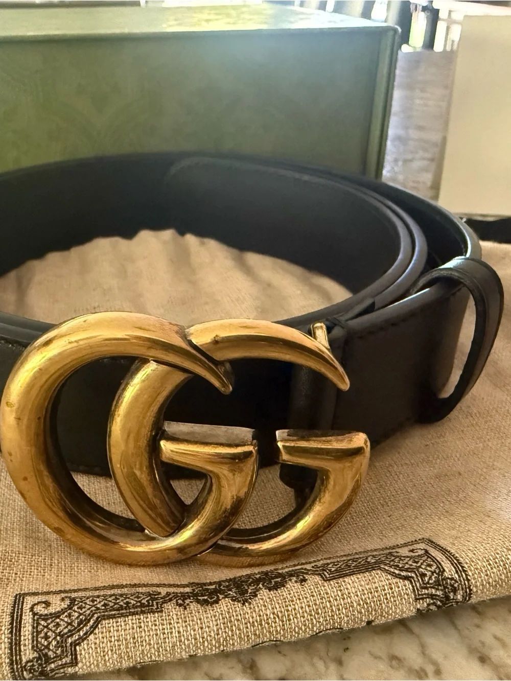 Gucci Black Leather Belt with Gold Double G Buckle